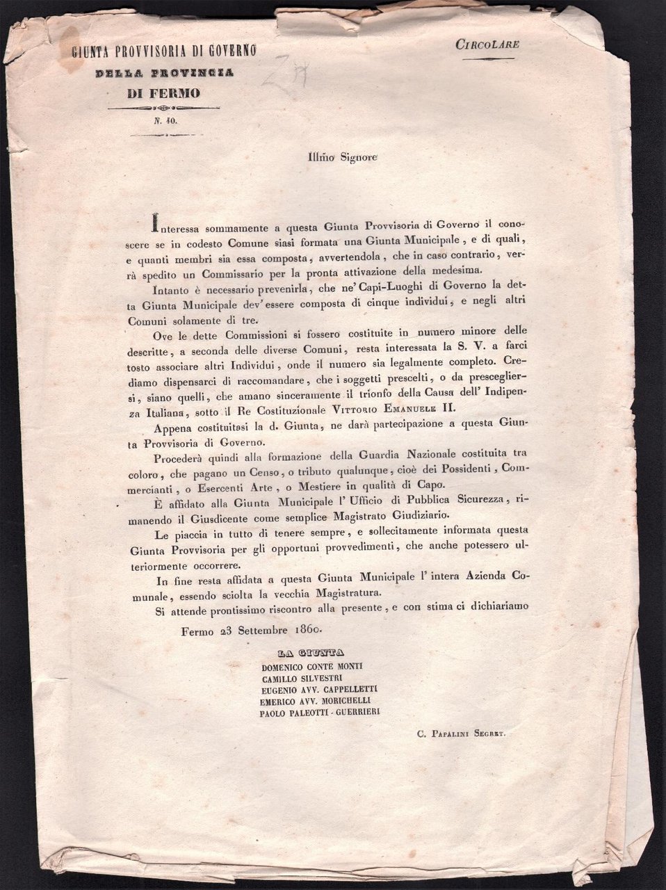 Bando giunta provvisoria di governo formazione giunta Municipale settembre 1860