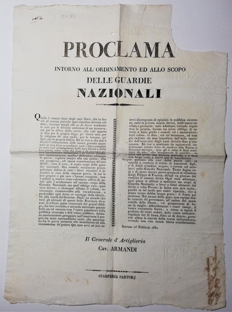 Bando-Moti 1831 Arruolamento volontario Guardie Nazionali Armandi febbraio 1831