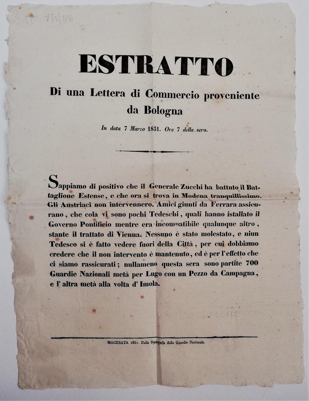 Bando-Moti 1831 In generale Zucchi comandante degli insorti si rifugia …