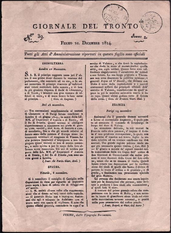 Bando Regno d'Italia nomina Podestà delle Marche 1808 retro Giornale …