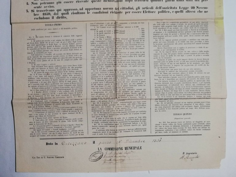 Bando Regno d'Italia Ortezzano Fermo elezioni 28 dicembre 1860