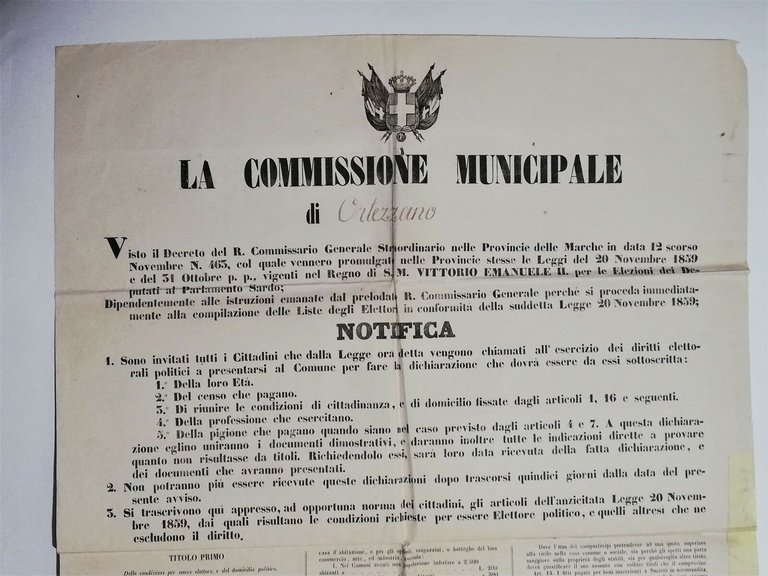 Bando Regno d'Italia Ortezzano Fermo elezioni 28 dicembre 1860