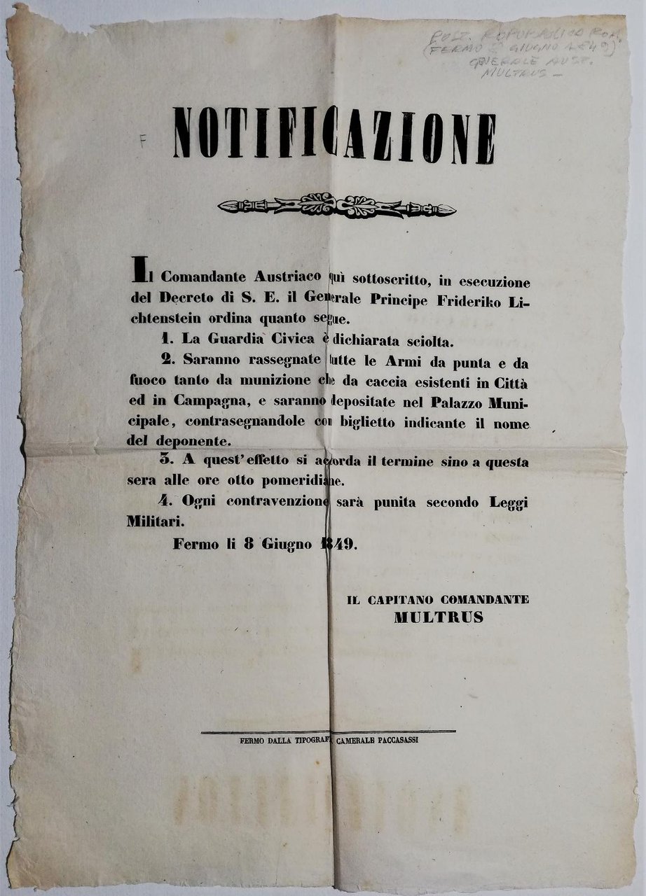 Bando Repubblica Romana gli austriaci ordinano di rassegnare le armi …