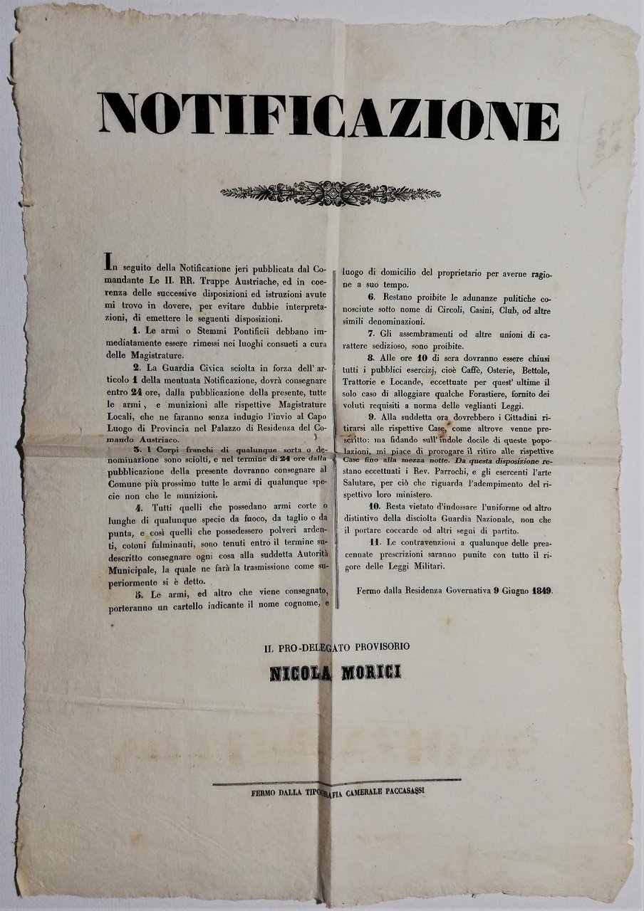 Bando Repubblica Romana Restaurazione ritornano gli stemmi pontifici giugno 1849