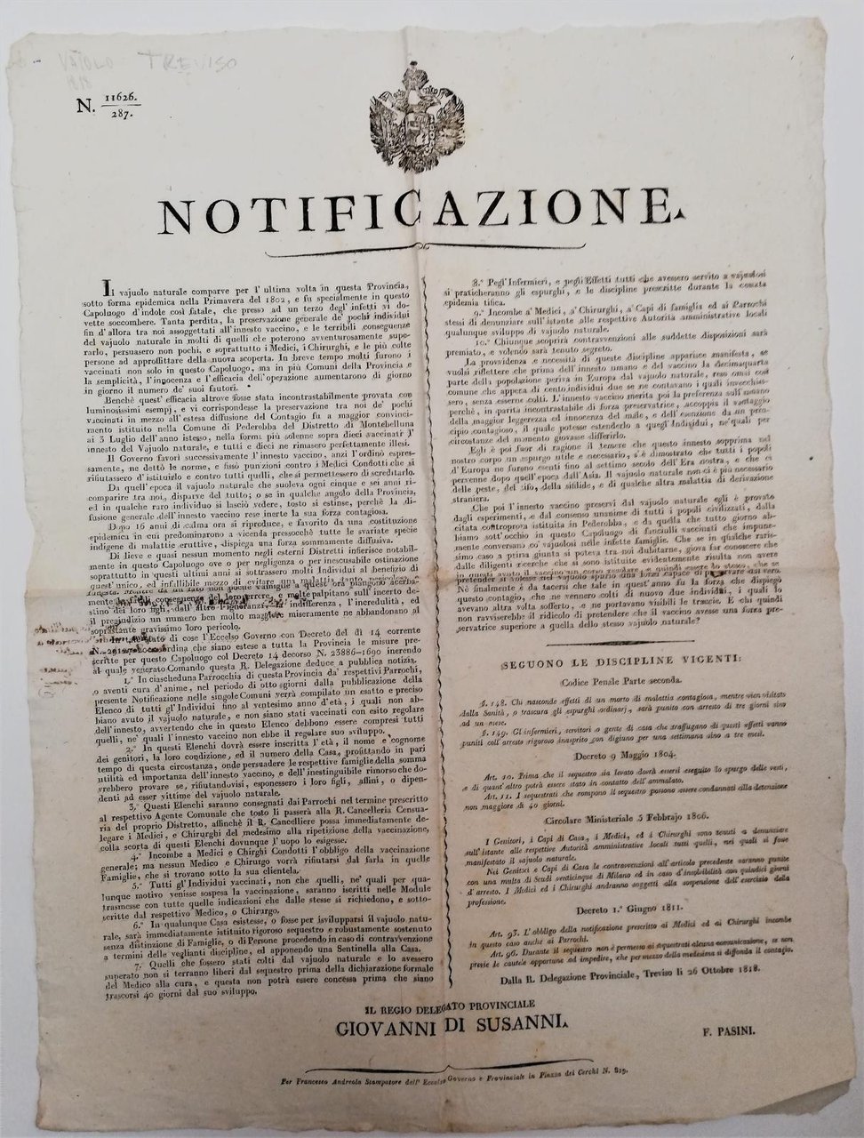 Bando-Sanità-Epidemia di vaiolo a Treviso dopo quella del 1802-26 ottobre …