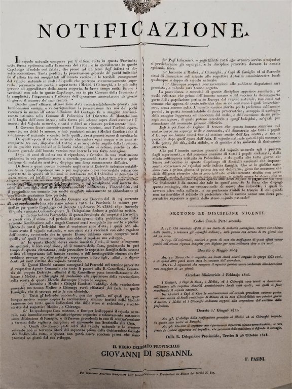 Bando-Sanità-Epidemia di vaiolo a Treviso dopo quella del 1802-26 ottobre …