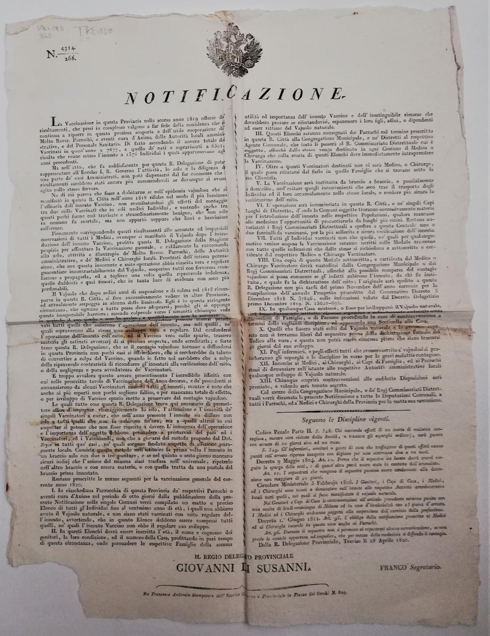 Bando-Sanità-Epidemia di vaiolo a Treviso dopo quella del 1818-28 aprile …