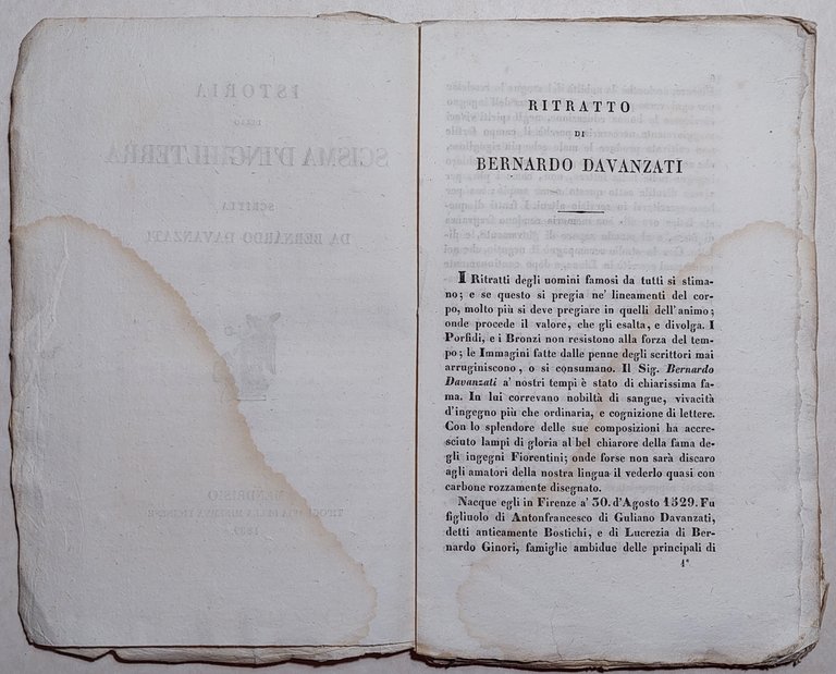 Bernardo Davanzati Istoria dello scisma d'Inghilterra Tipografia della Minerva Ticinese …