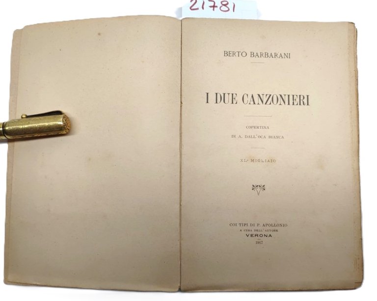 Berto Barbarani I due canzonieri 11° migliaio 1917 Apollonia