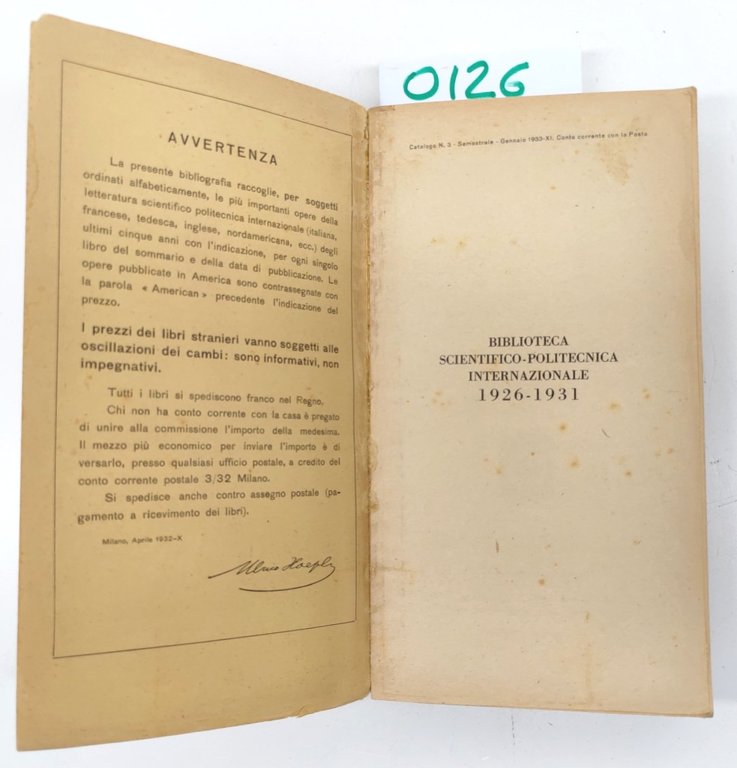 Biblioteca Scientifico-Politecnica Internazionale 1932 Con Firma Ulrico Hoepli