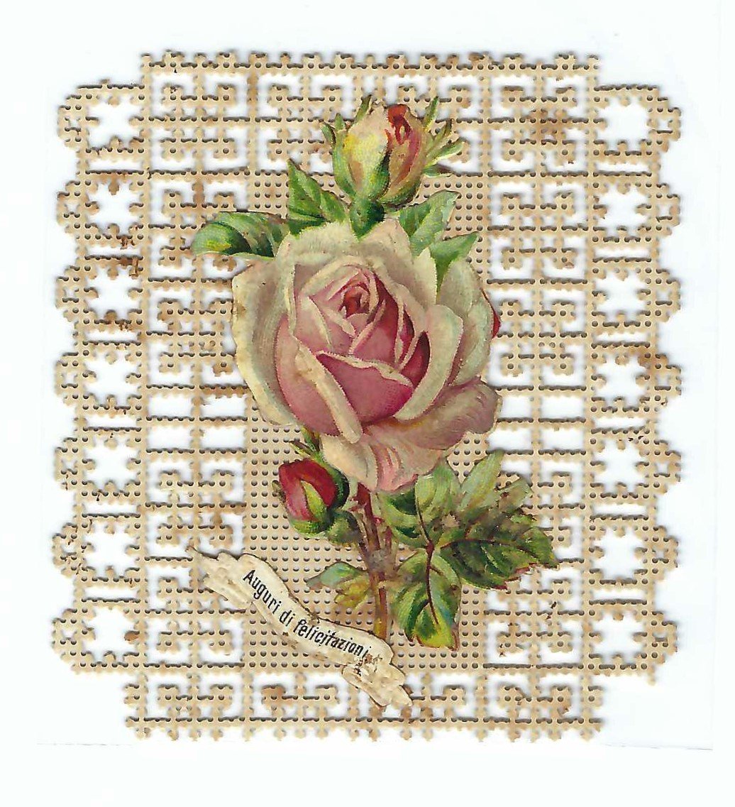 Biglietto manufatto merlettato con rosa applicata 1900 c.a.
