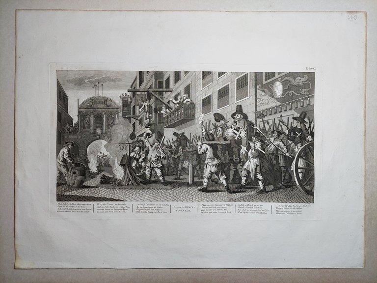 Stampa antica Antique print Original Autore William Hogarth Burning the …