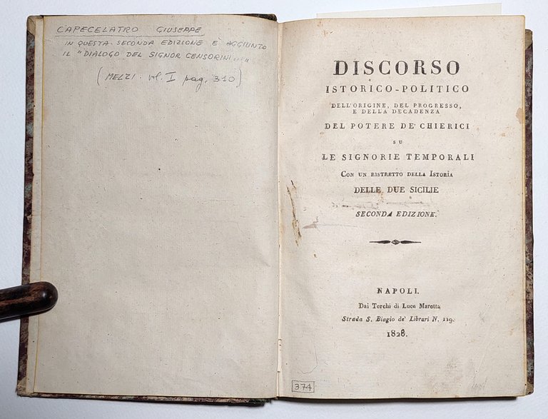 Capelcelatro Giuseppe Discorso istorico-politico dell'origine, del progresso e della decadenza …