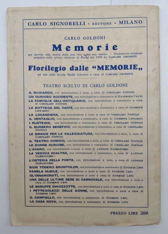 Carlo Goldoni Gl'innamorati commedia in tre atti Signorelli 1956
