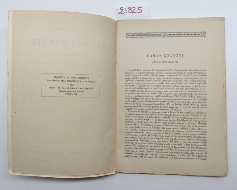 Carlo Goldoni Gl'innamorati commedia in tre atti Signorelli 1956
