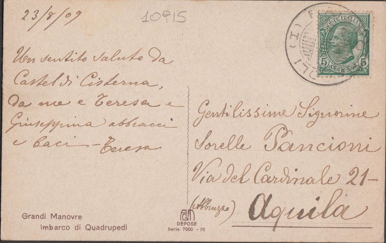 cartolina Grandi Manovre imbarco quadrupedi 1909 viaggiata