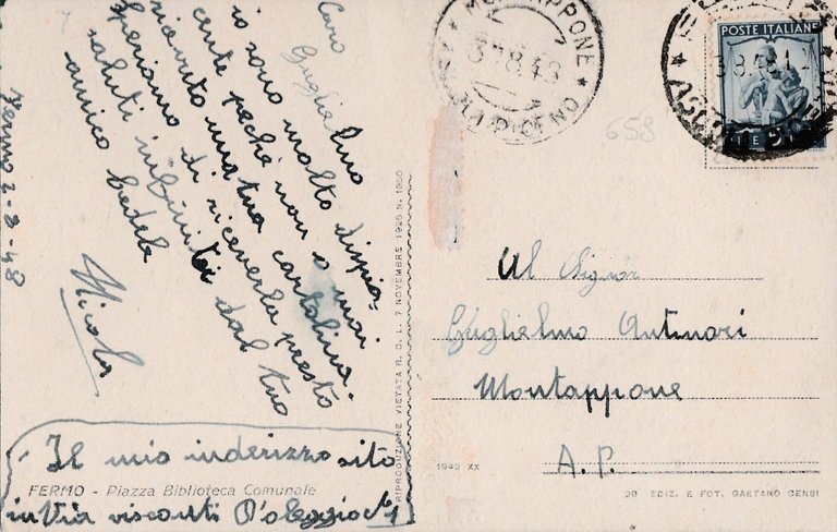 Cartolina postcard Fermo Piazza Biblioteca Comunale 1948 vg