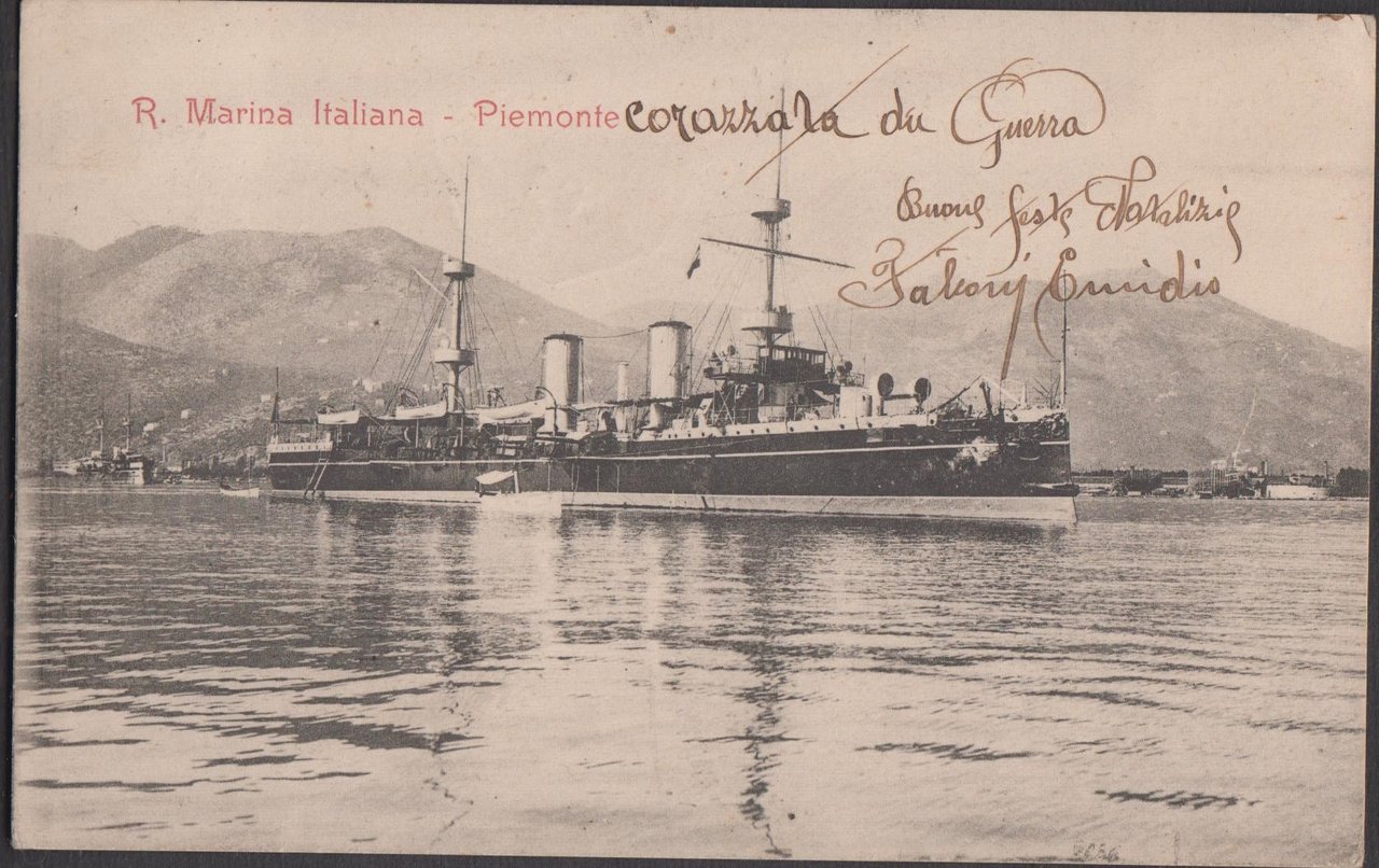 Cartolina R. Marina italiana Piemonte Corazzata da Guerra 1903 viaggiata