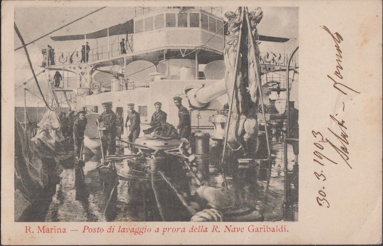 Cartolina R. Marina Posto di lavaggio a prora Nave Garibaldi …