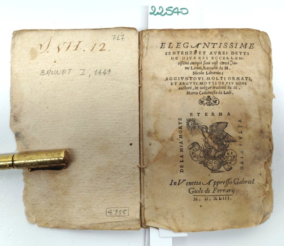 Cinquecentina 1543 Elegantissime sentenze Nicolò Liburnio Gabriel Giolito Venezia