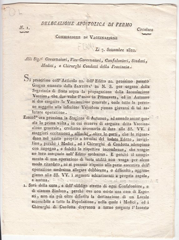 Circolare Delegazione Apostolica Fermo Campagna vaccinazione contro il Vaiolo