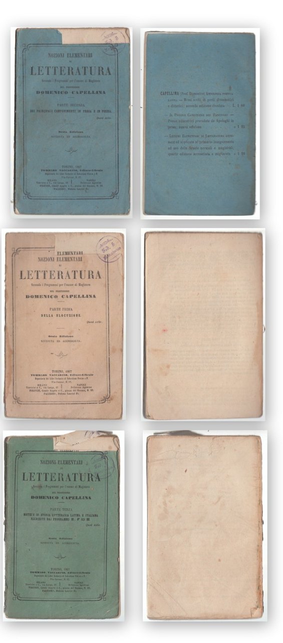 D. Capellina-Nozioni Elementari Di Letteratura Parte 1-2-3 -Torino 1867-L3016