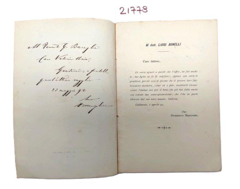D. Menghini Versiculi Tip.-lit. M. Bellinzaghi 1892 autografato
