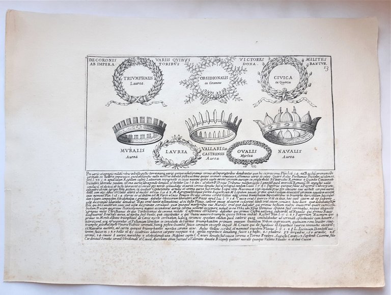Acquaforte old print Romanae magnitudinis Le corone dei soldati vittoriosi …