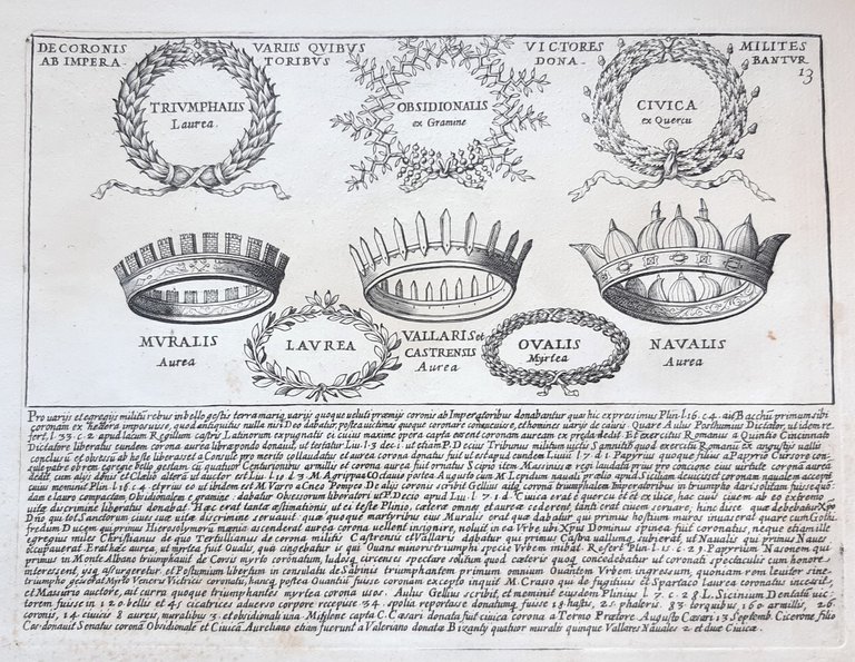 Acquaforte old print Romanae magnitudinis Le corone dei soldati vittoriosi …