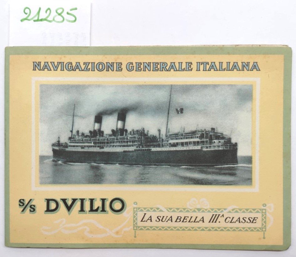 Depliant Brochure Navigazione generale italiana piroscafo Duilio 3° classe anni …