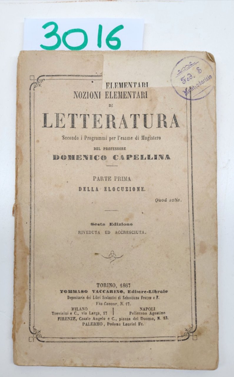 Domenico Capellina Nozioni elementari di letteratura parte I Della Elocuzione … | Immagine principale