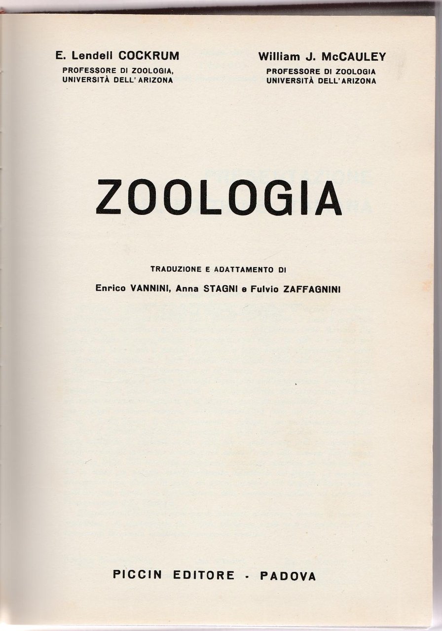 E. L. Cockrum W. J. Mcclauley Zoologia Piccinin Editore 1970 …