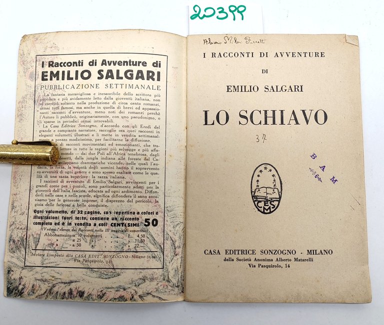 Emilio Salgari Lo schiavo racconto illustrato Sonzogno 1940