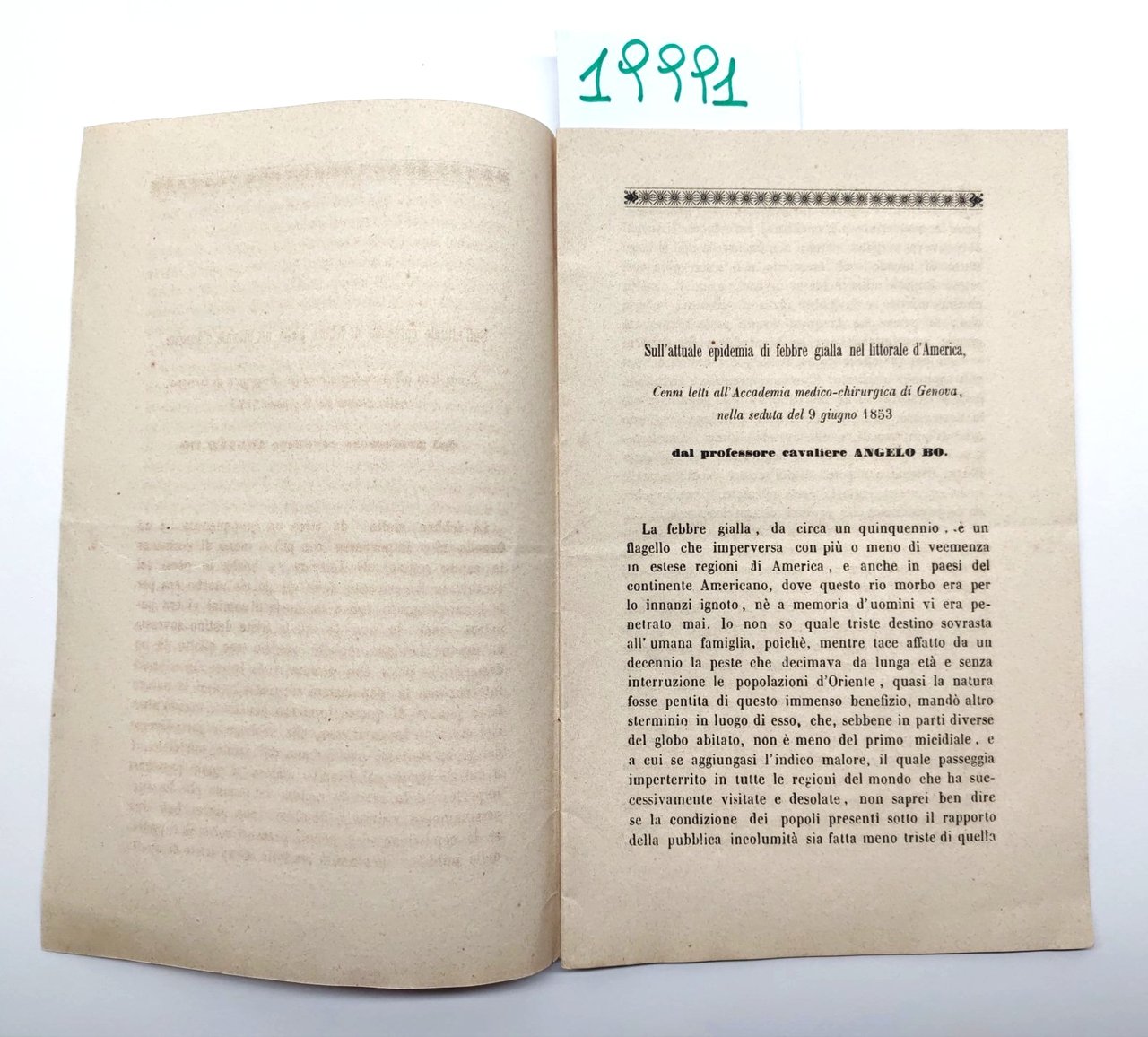 Estratto Angelo Bo Sull'attuale epidemia di febbre gialla nel litorale …