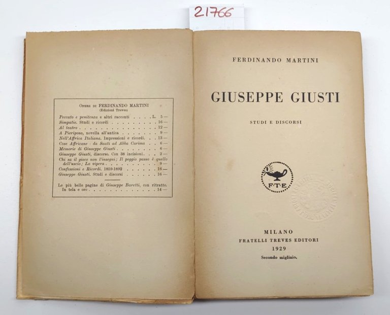 Ferdinando Martini Giuseppe Giusti studi e discorsi Treves 1929