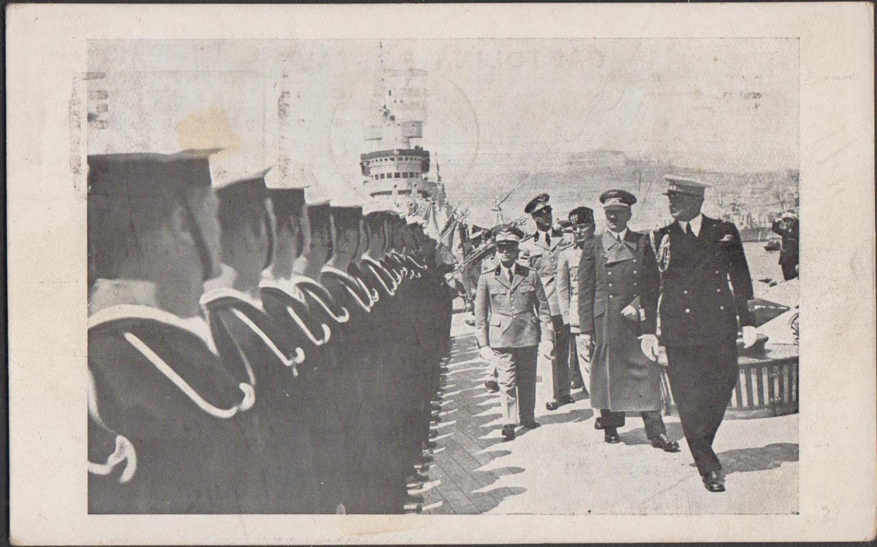 Fotocartolina R. N. Conte Cavour visita Mussolini Hitler 1938 viaggiata