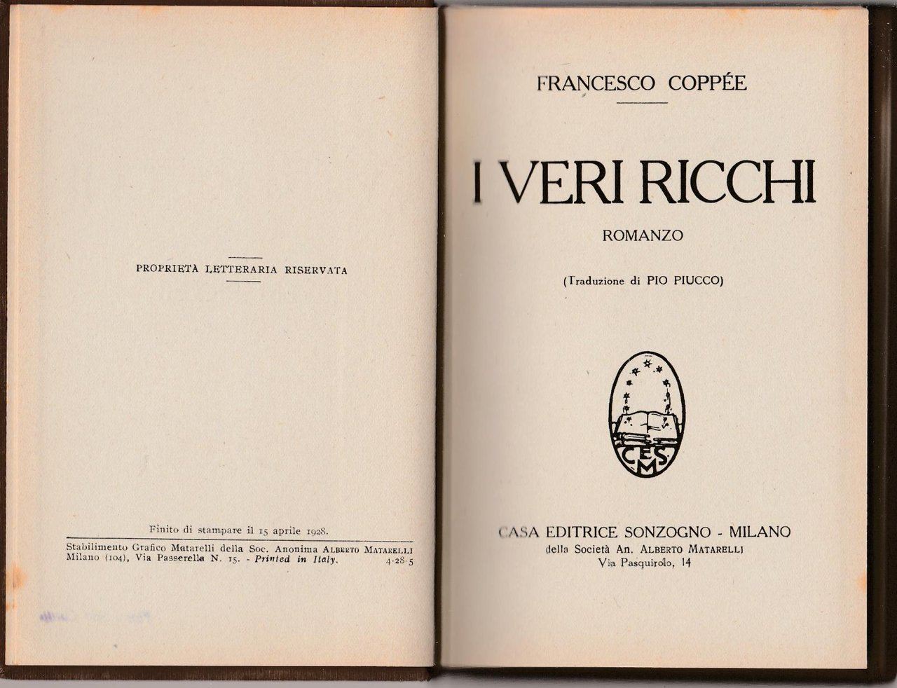 Francesco CoppeË I Veri Ricchi Romanzo Tradu. Pio Piucco, Sonzogno …