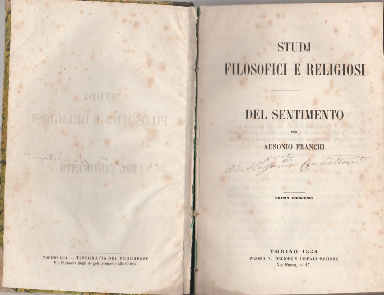 Franchi Ausonio Studj Filosofici E Religiosi: Del Sentimento 1854 B3893