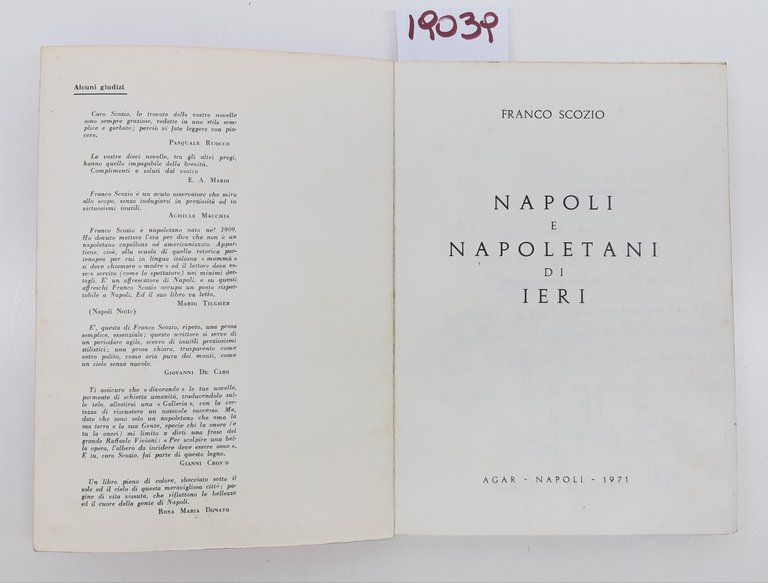 Franco Scozio Napoli e napoletani di ieri Agar 1971 autografato