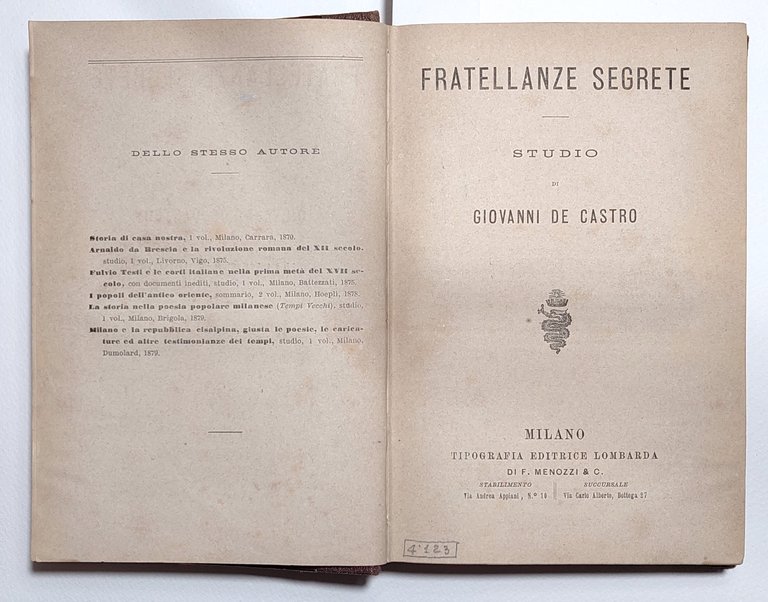 Fratellanze segrete studio di Giovanni De Castro Milano Tipografia Editrice … | Immagine Gallery 1