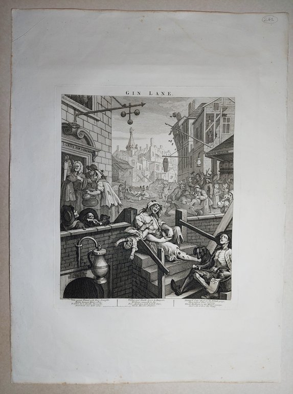 Stampa antica Antique print Original Autore William Hogarth Gin Lane …