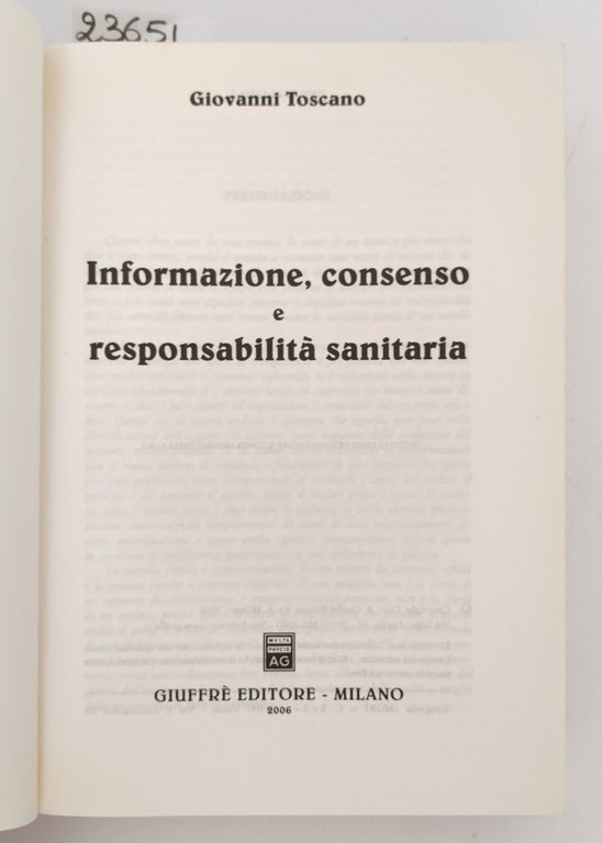 Giovanni Toscano Informazioni e consenso e responsabilità sanitaria Giuffrè editore … | Immagine Gallery 3
