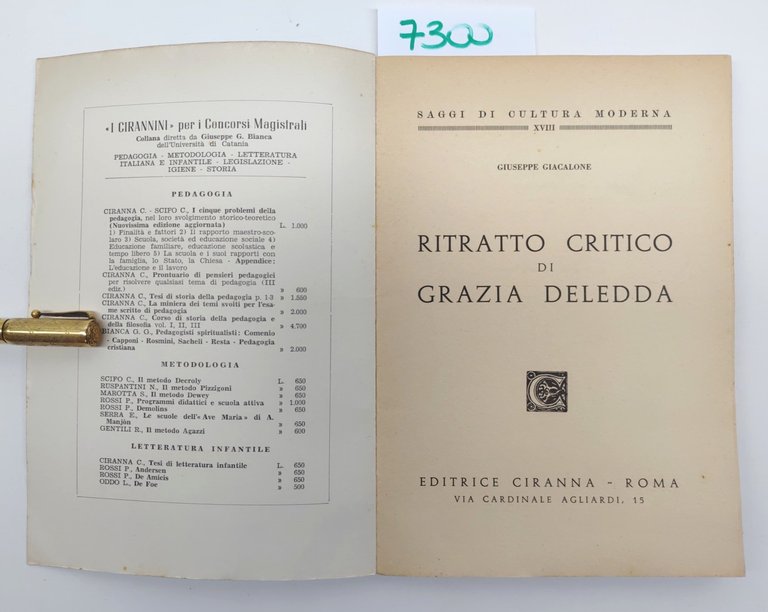 Giuseppe Giacalone Ritratto critico di Grazia Deledda Ciranna 1965