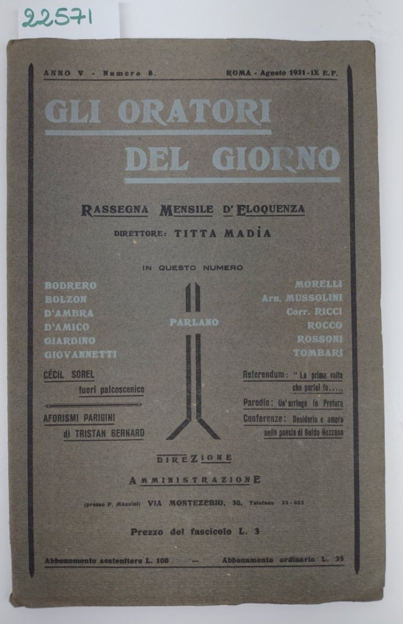 Gli oratori del giorno anno V numero 8 agosto 1931