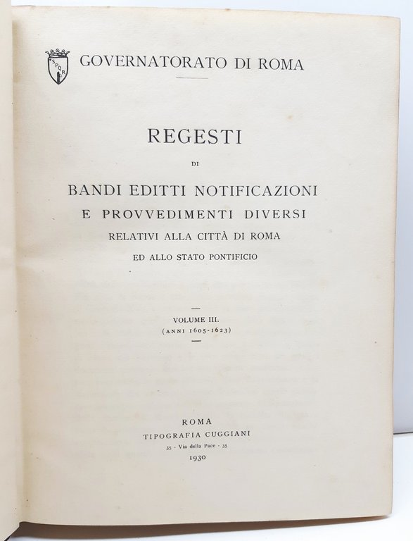 Governatorato di Roma Regesti di bandi editti notificazioni e provvedimenti …