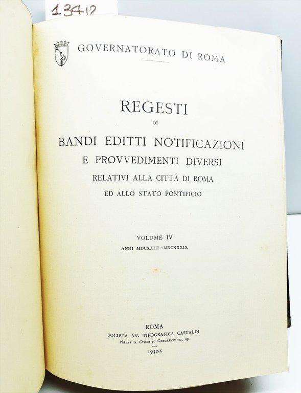 Governatorato di Roma Regesti di bandi editti notificazioni e provvedimenti …