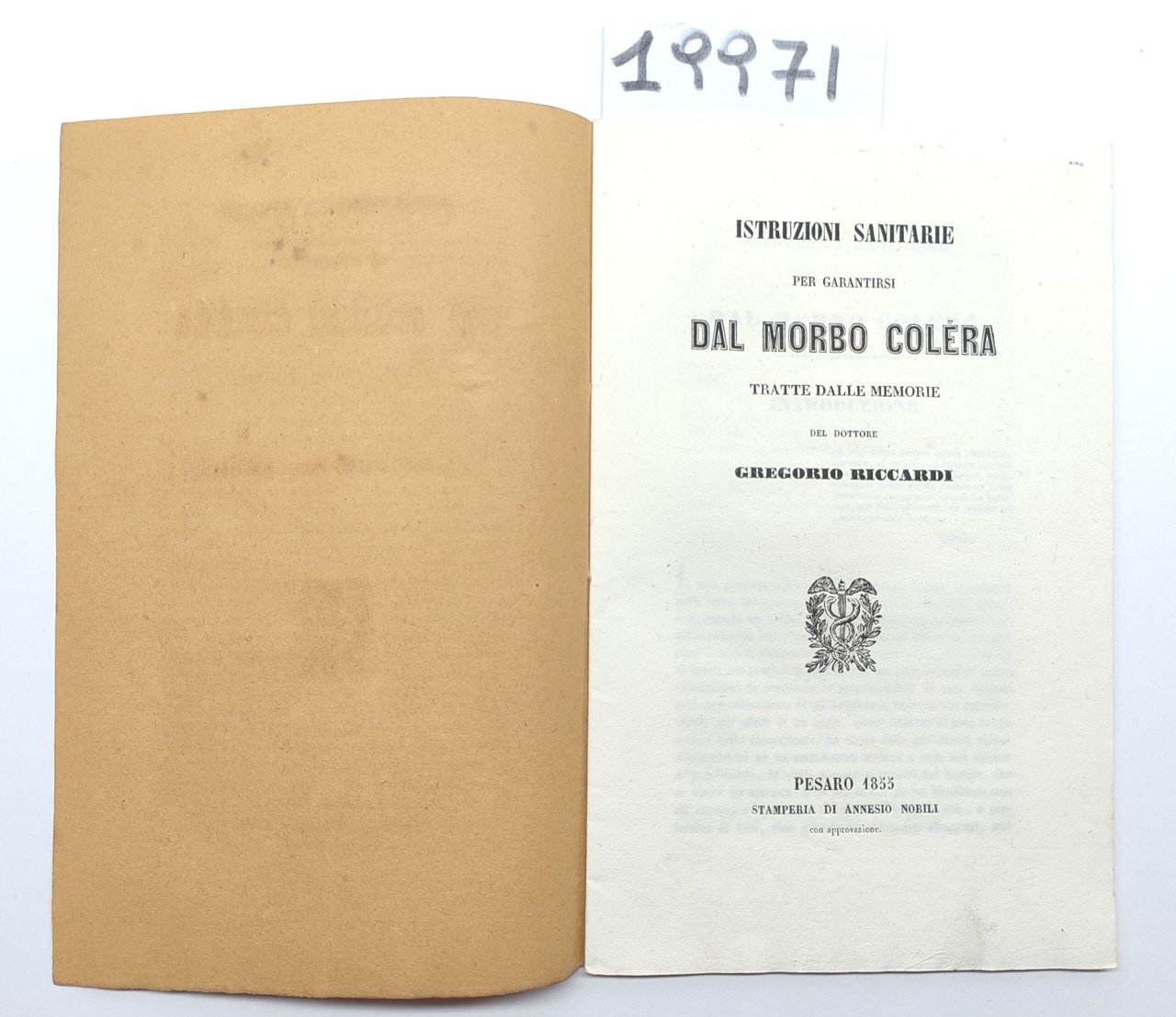 Gregorio Ricciardi Istruzioni sanitarie per garantirsi dal morbo colera Pesaro …