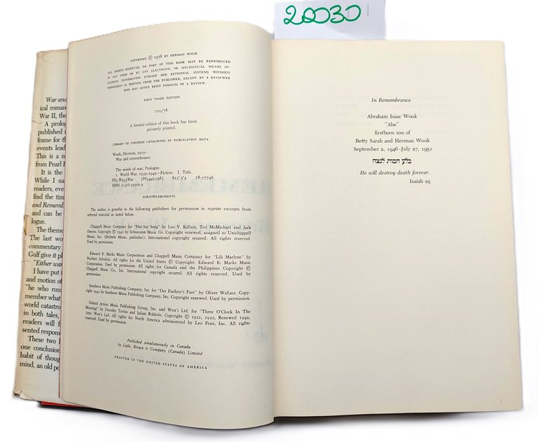 Hermann Wouk War and remembrance 1° ediz. 1978 Little Brown …
