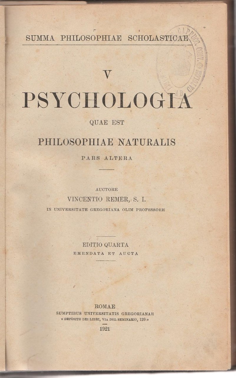 V. Remer Psychologia Quae Est Philosophiae Naturalis 4∞ Ed. 1921 …