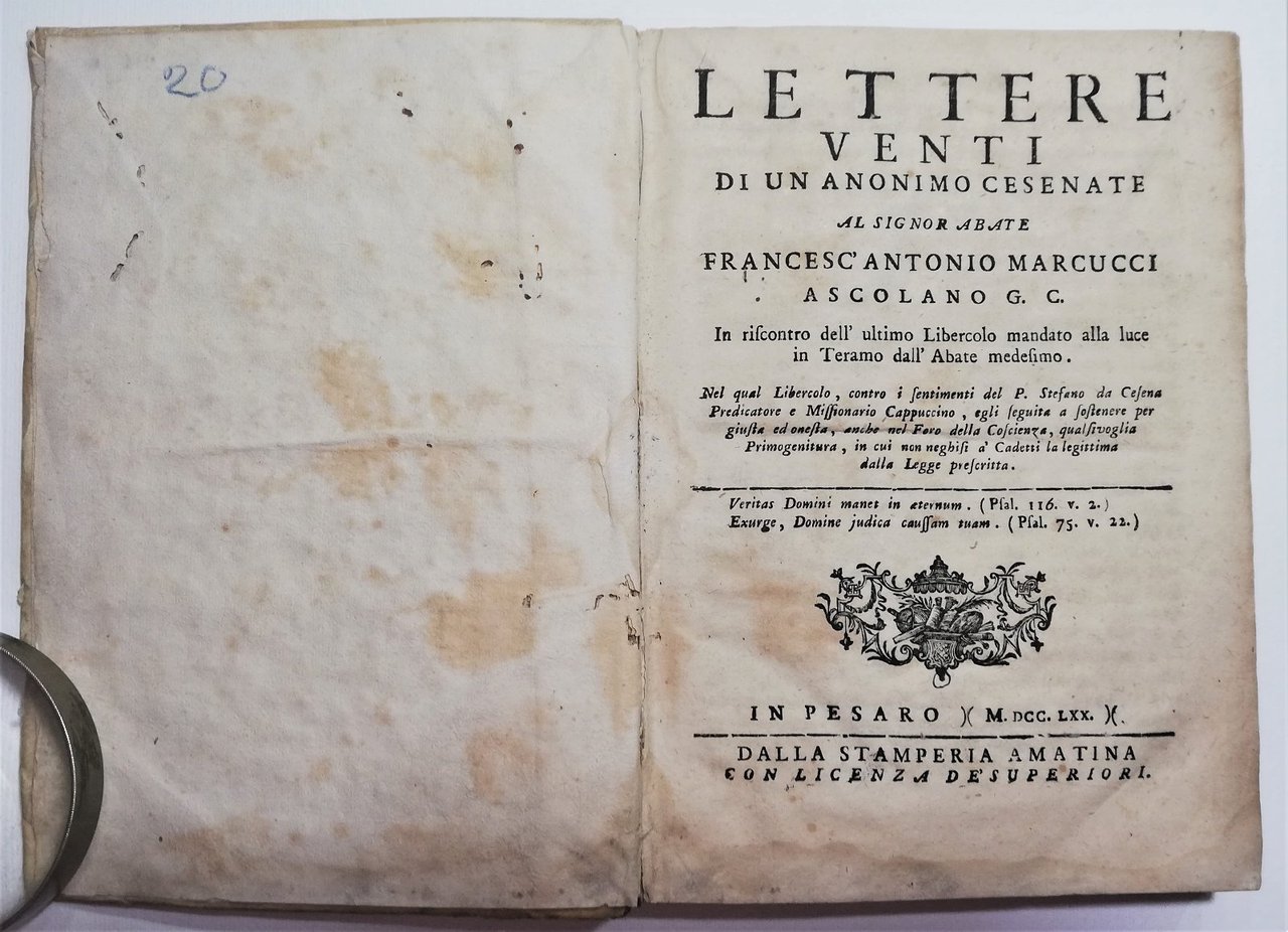 Settecentina Sacerdozio al primogenito Lettere venti di un anonimo Cesenate …